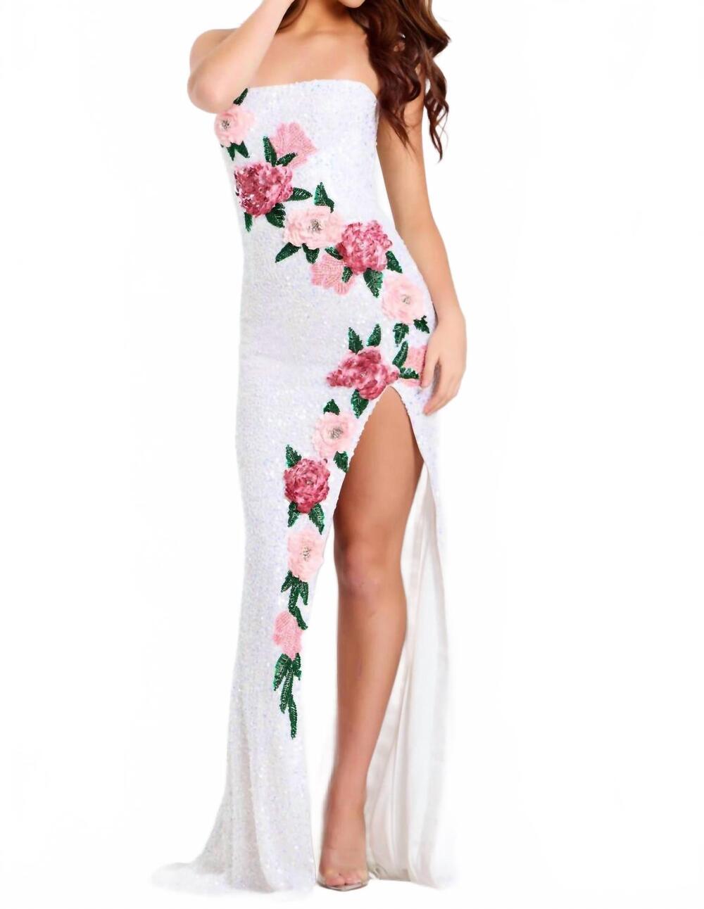 NEW JOVANI strapless sequin floral gown in white/multi